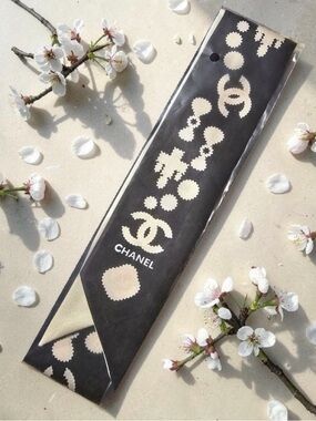 Black & Cream Chanel Silk Twilly Bag Scarf